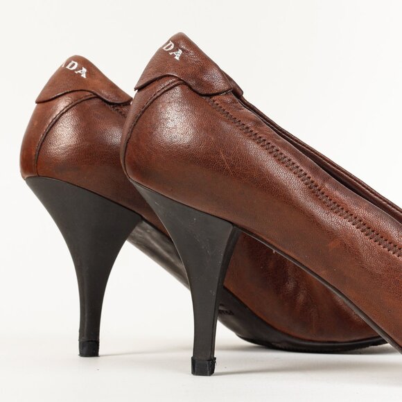 Prada Brown Leather Scrunch Pointed Toe Pumps - Picture 8 of 11